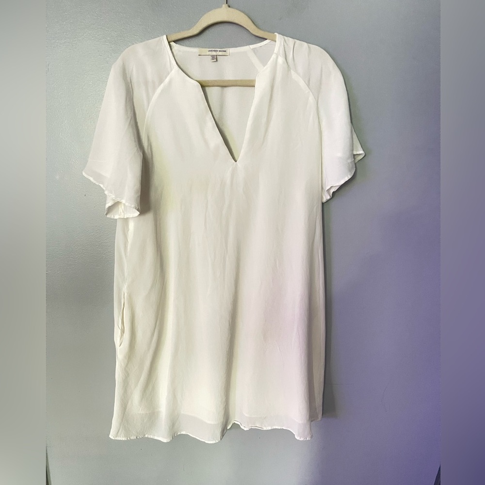 Lavender Brown white tunic silk dress L
